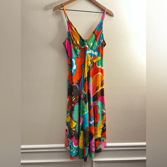 JAMS WORLD Bright Floral Colorful Midi Dress Hawaii Side pockets L - Picture 2 of 8